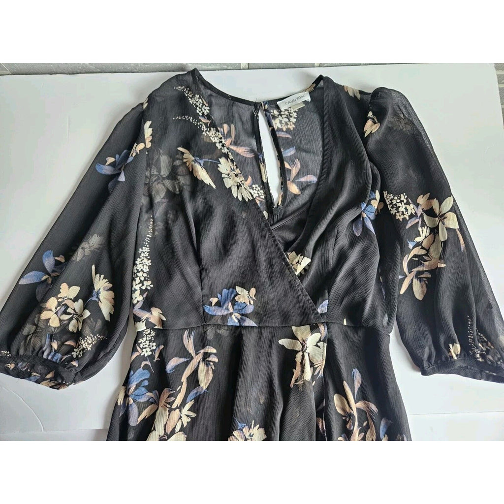 Calvin Klein Black Floral Chiffon Overlay Hi Low Flowy Sz 4 Mid Length Dress