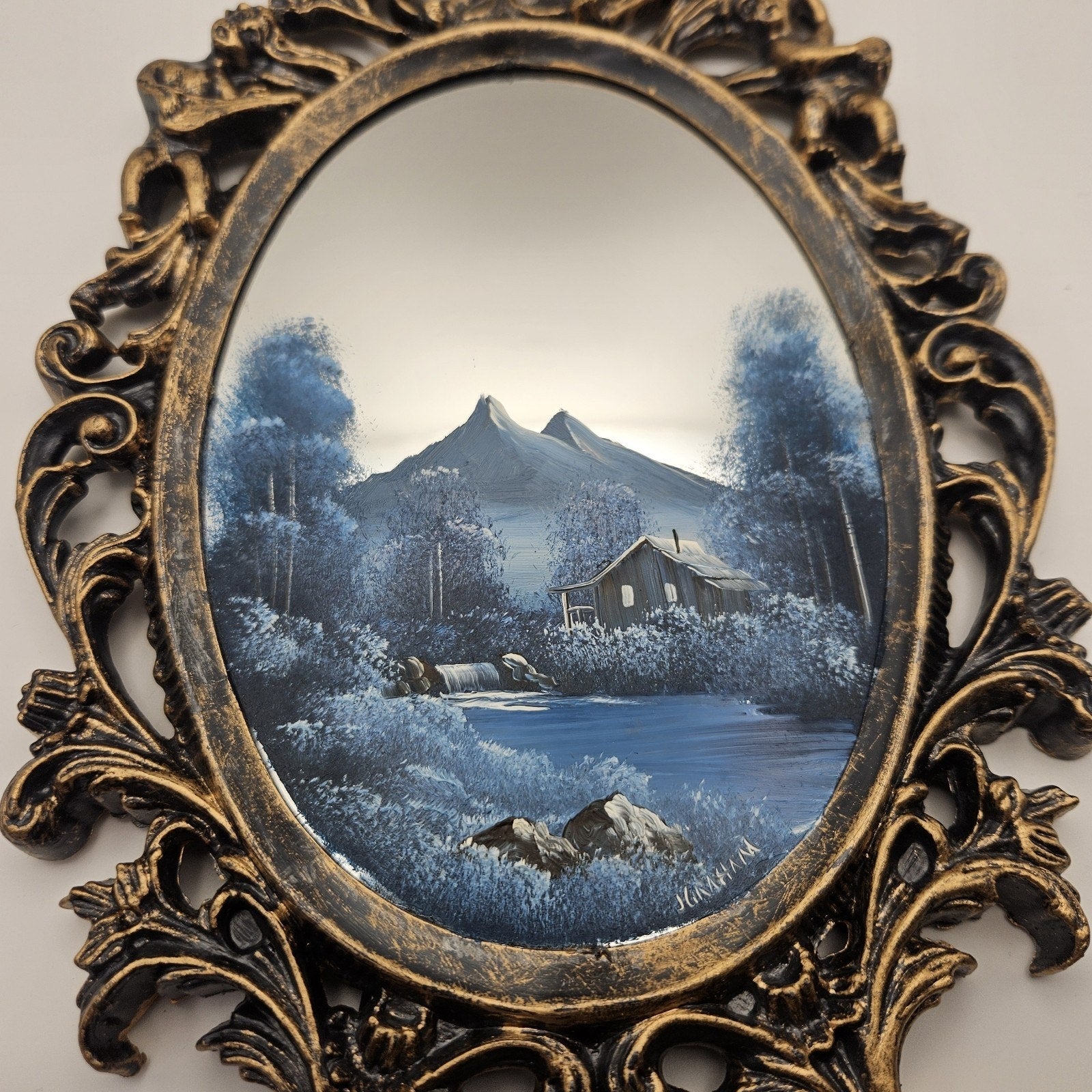 Vintage Hand Painted Mirror Mountain Cabin Creek Scene Signed J Graham