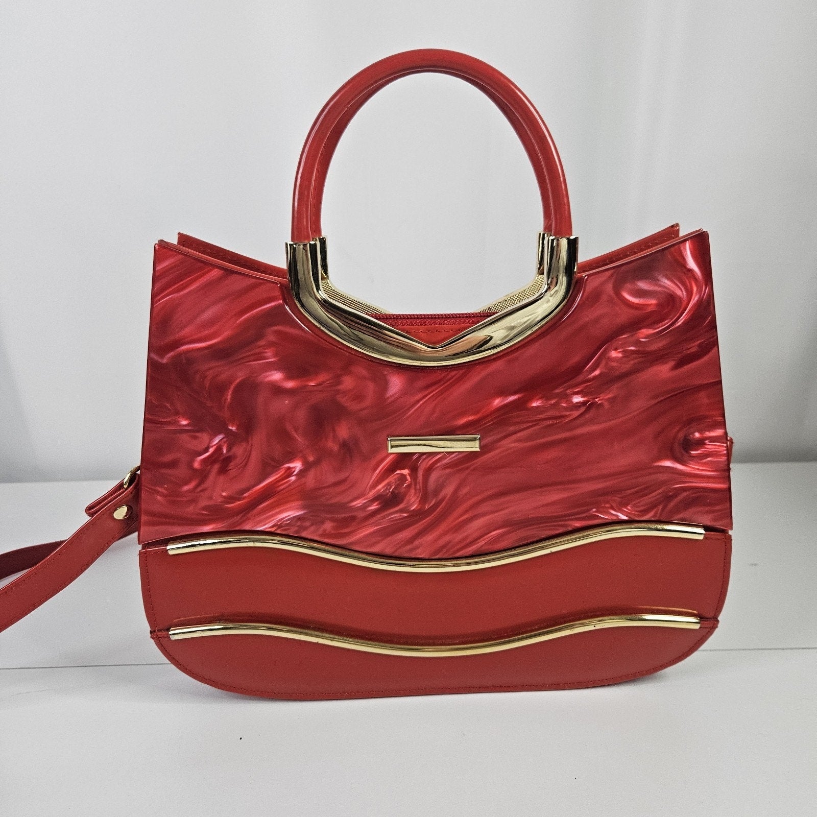 Retro Inspired Glossy Statement Handbag Red Gold Accents Acrylic Shoulder Purse