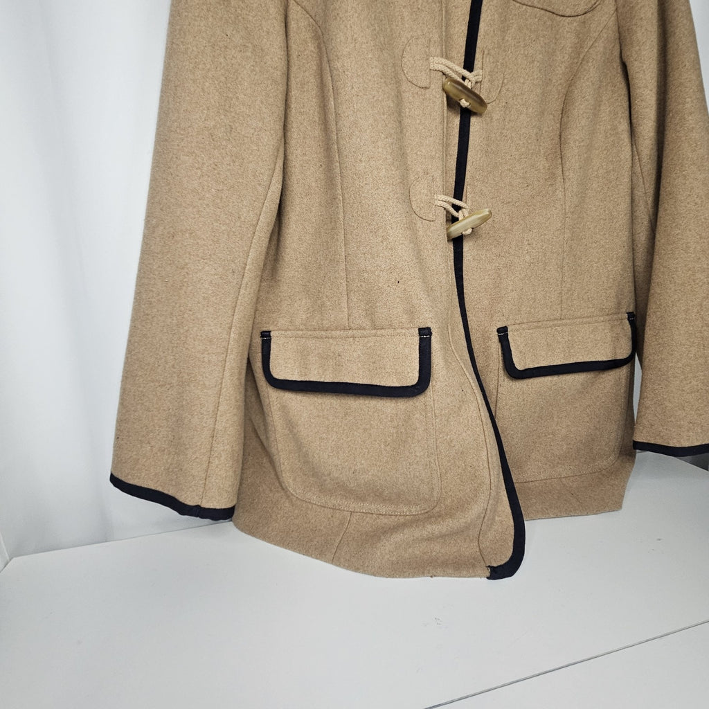 Tommy Hilfiger Jacket Womens Size Large Camel Navy Full Zip Hooded Wool Blend