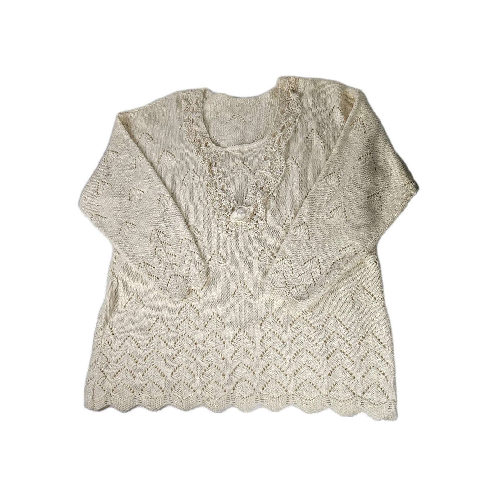 Vtg Womens Plus Crocheted Sweater Cream Cottage Retro 22/24 Granny Cottagecore