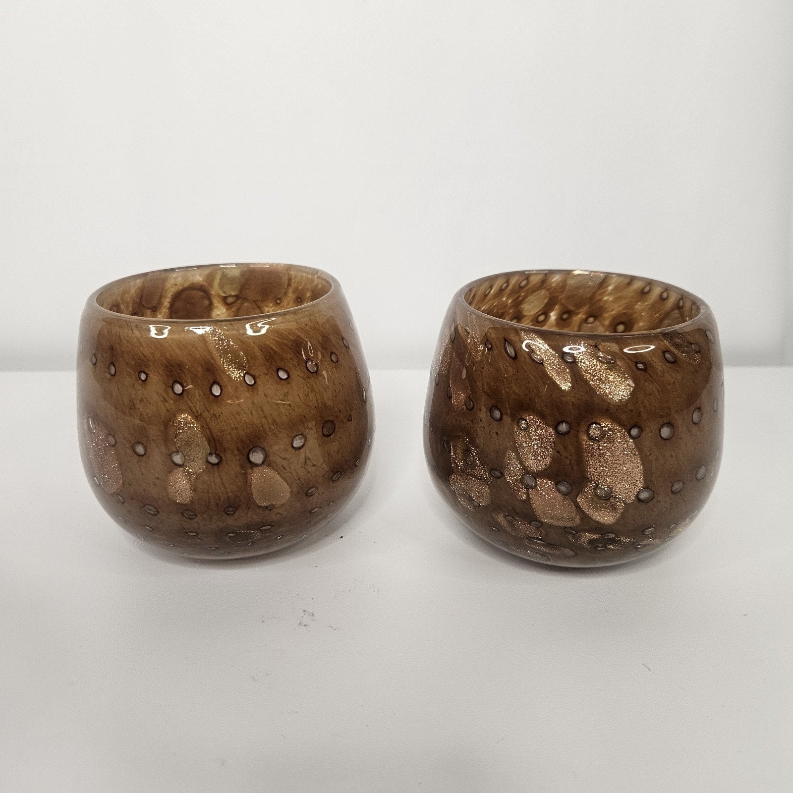 Handblown Artisanal Votive Holder Set Amber Copper Gold Shimmer 3.5x3"