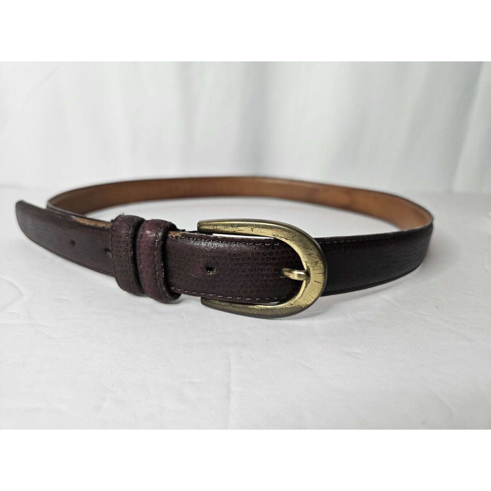 Perry Ellis Texture Italian Cowhide Leather Gold Buckle Belt Large 37" Burgundy