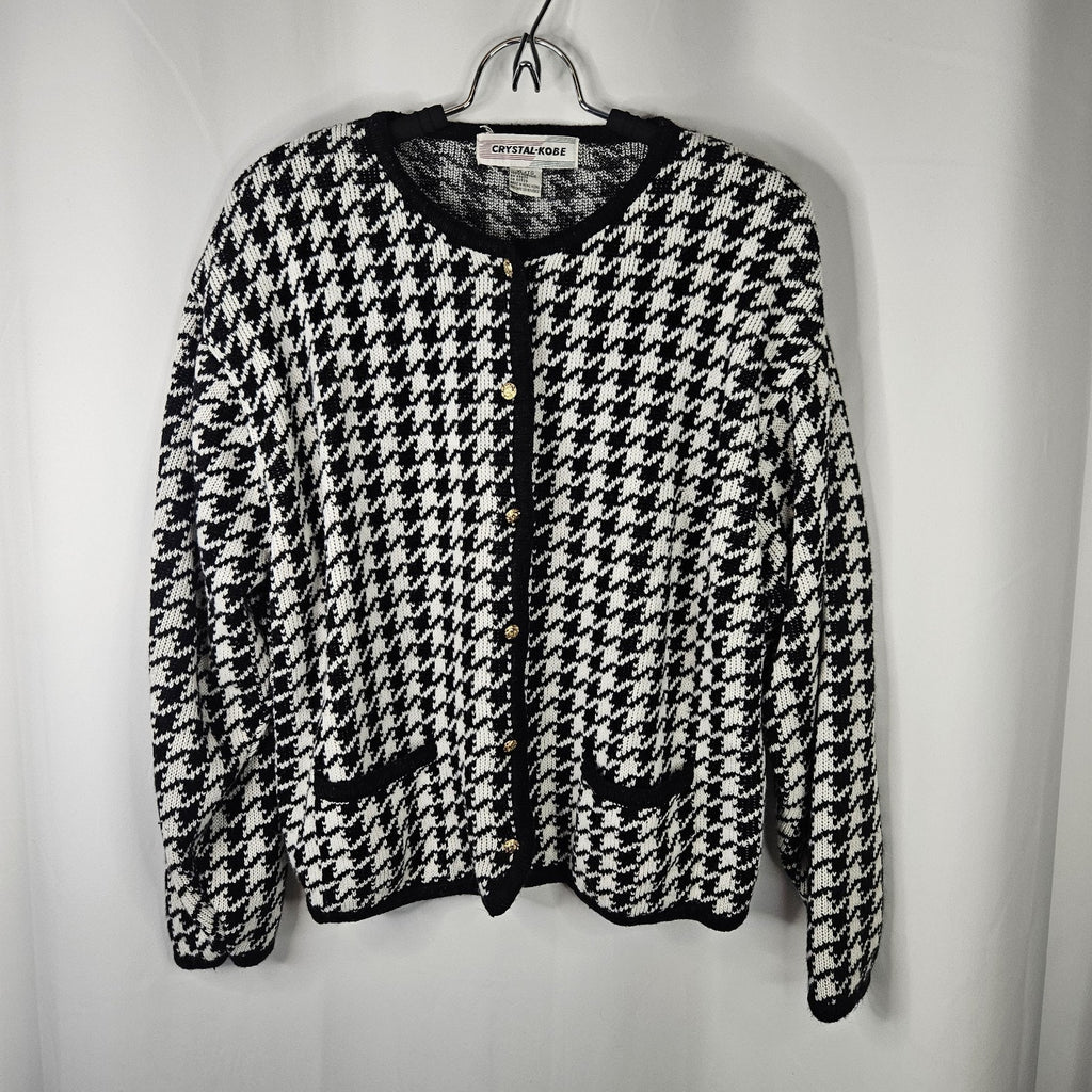 VTG Crystal Kobe Houndstooth Cardigan Sweater Gold Buttons Sz XL Classy