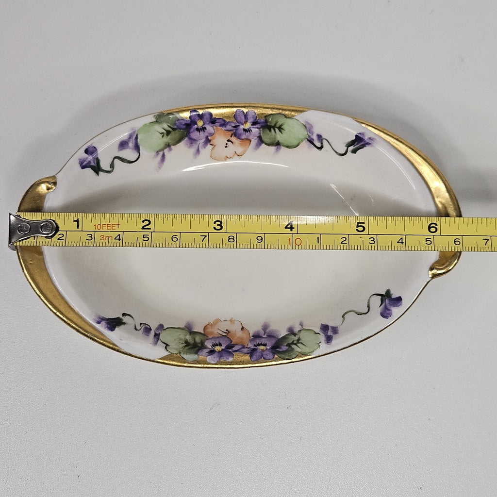 Antique hand-painted porcelain nappy dish candy bowl violet motif gold trim