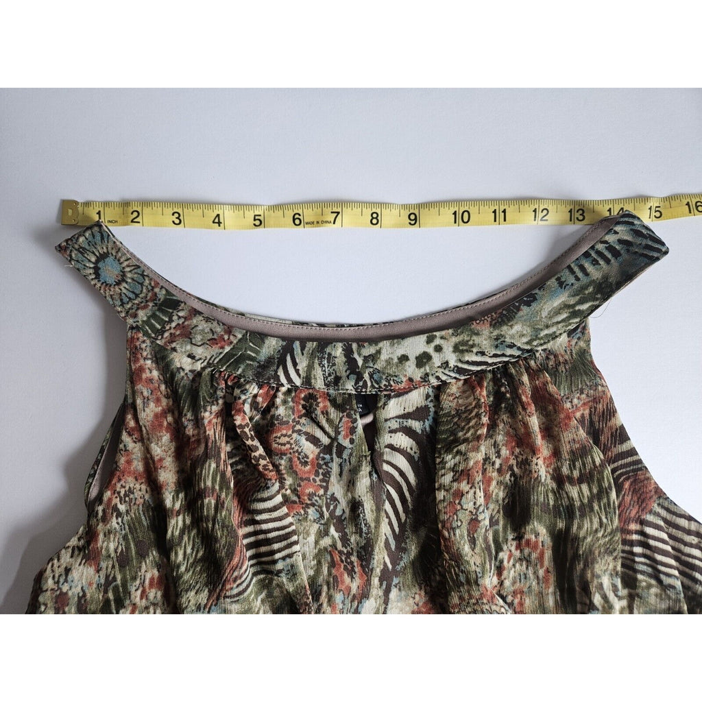 Perceptions New York Green Brown Tan Sleeveless Long Ruched Waist Poly Dress 14