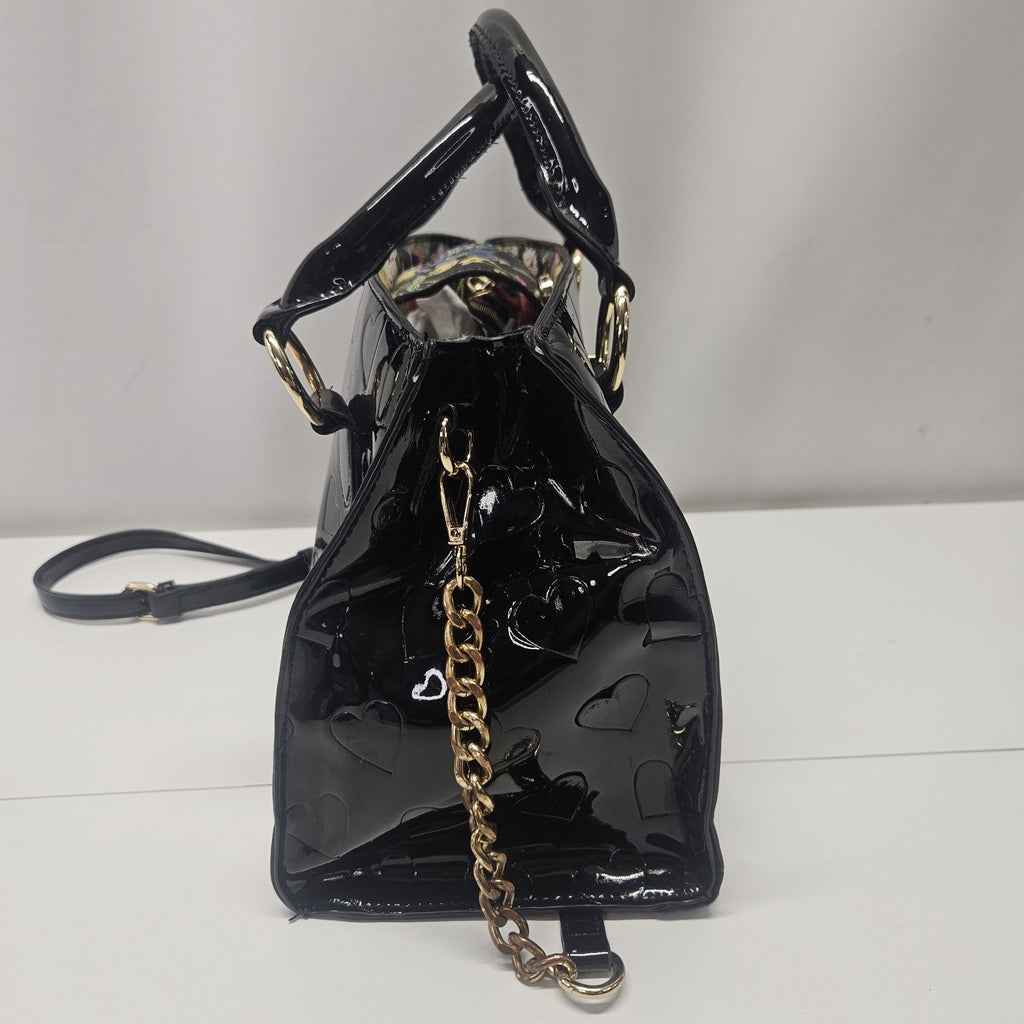 BETSEY Johnson Black Patent Hearts Satchel Tote Logo Glam Crossbody Purse