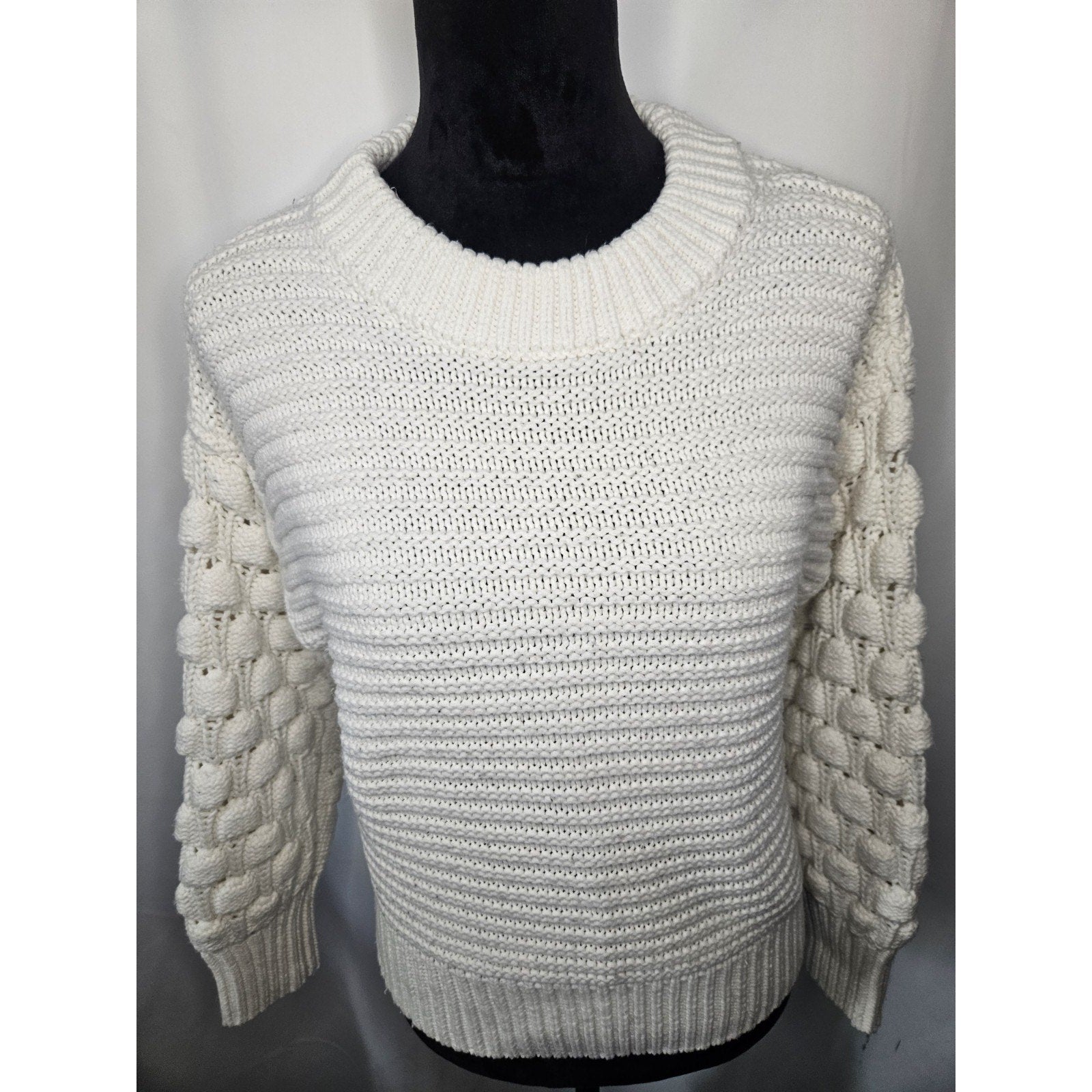 Elodie Bubble Sleeve Chunky Knit Sweater Off White Womens Small Boho Cottage