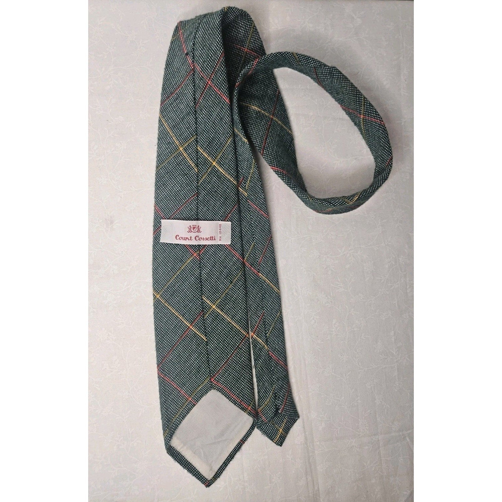Vintage Count Corsetti Neck Tie Woven Green Yellow Red Diagonal Plaid 56"