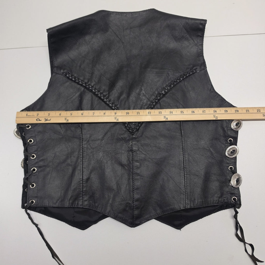 80s 90s Black Leather Snap Button Concho Vest Biker Western Motorcycle Large Vtg