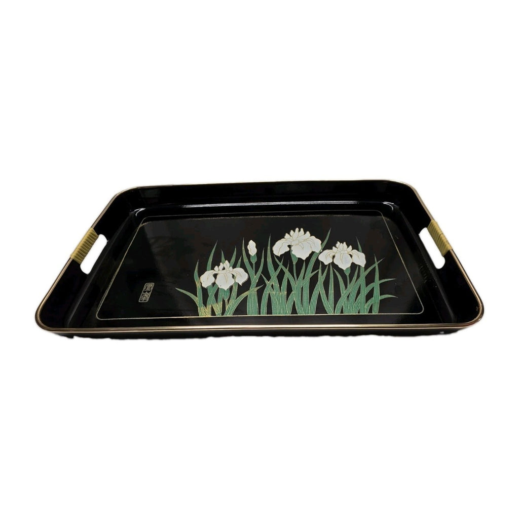 Vintage Handpainted Japanese Butterfly Tray With Handles 19x11" Black Retro Boho