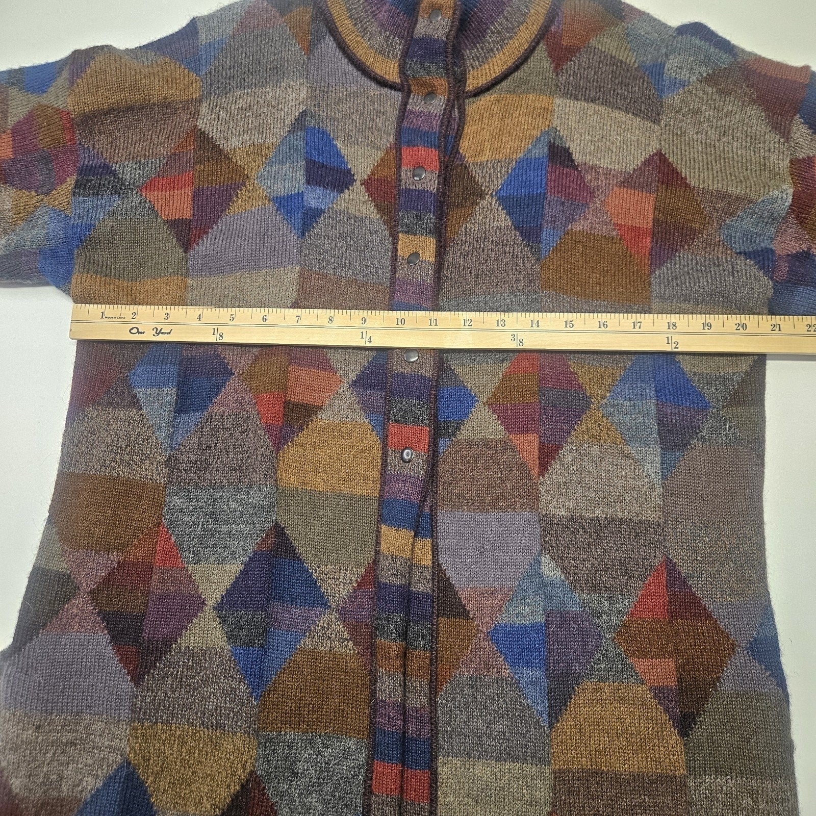 Vtg 80s Millmas Geometric 100% Alpaca Knit Cardigan Sweater Women’s XL Peru