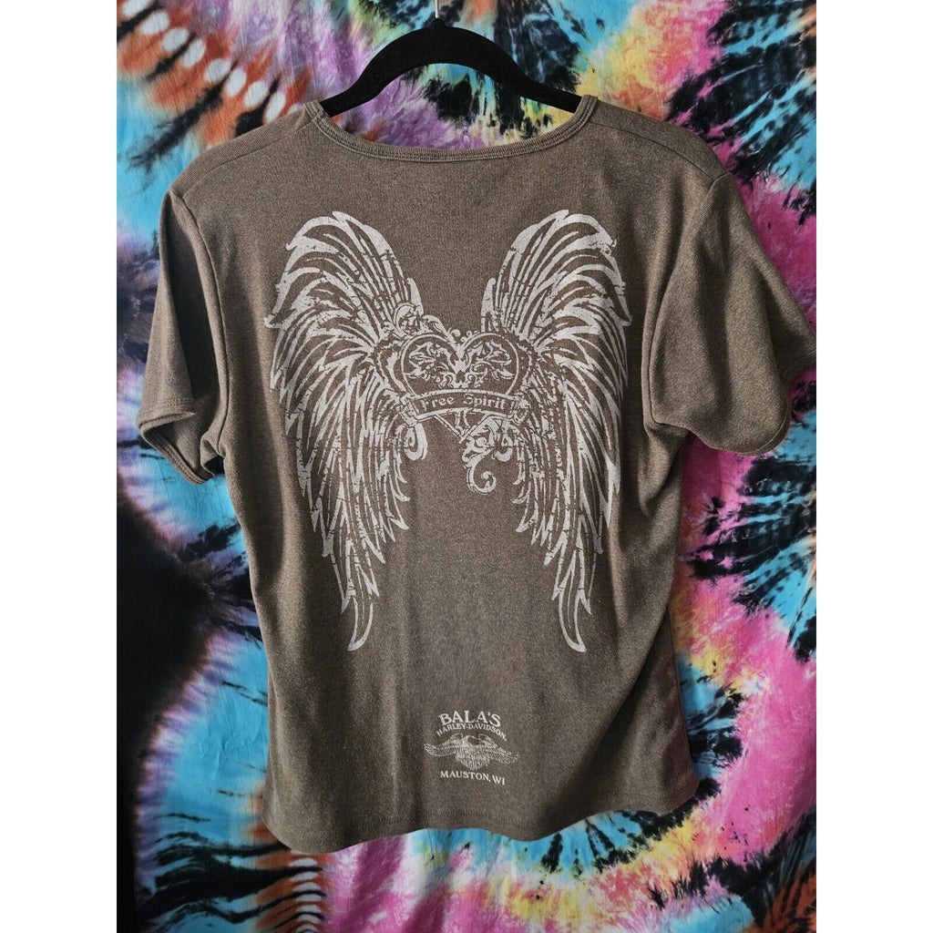 Harley Davidson Green Wings "Free Spirit" T Shirt Large Biker Y2K Motorcycle