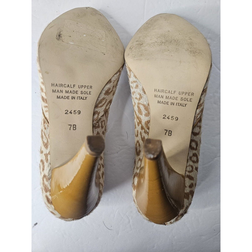 EUC Massimo Baldi Leopard Print Haircalf Peep Toe High Heel Italian Pumps Sz 7