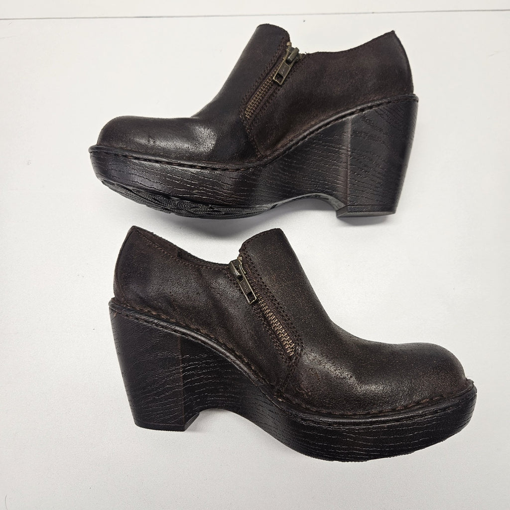 Vtg Y2K Born Wedge Clogs Brown Leather Zipper Womens 7.5 Grunge Comfort Shoe