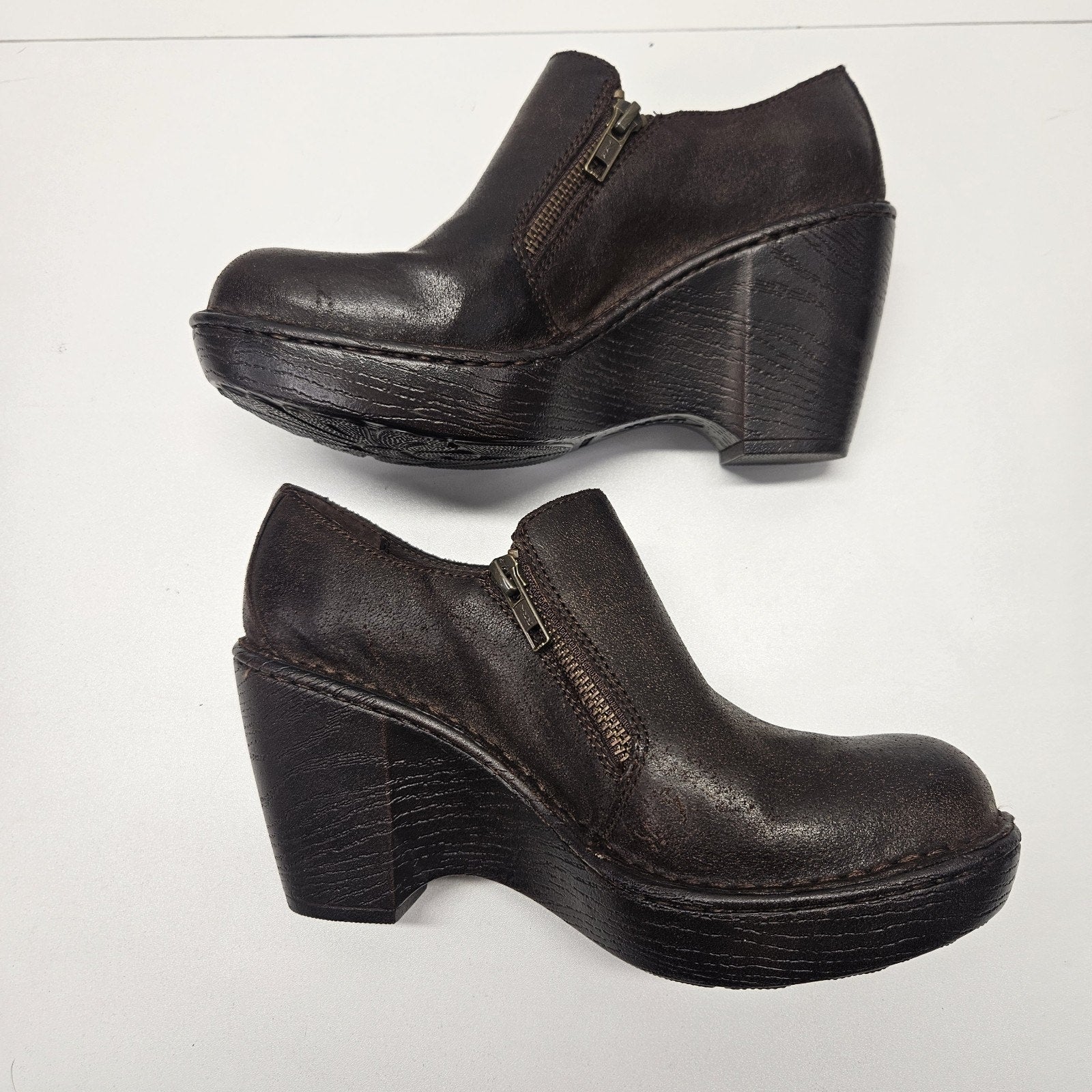 Vtg Y2K Born Wedge Clogs Brown Leather Zipper Womens 7.5 Grunge Comfort Shoe