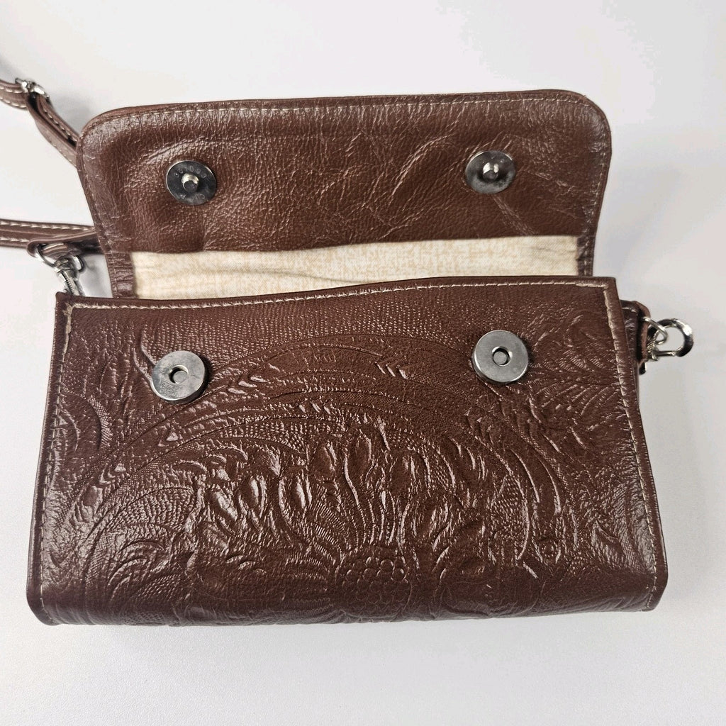 Floral Embossed Envelope Crossbody Wristlet Bag Brown Faux-Leather Western Purse