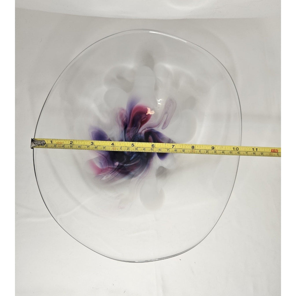 Vintage Signed Studio Art Glass Bowl Mid Century Modern Studio Clear Purple Whit