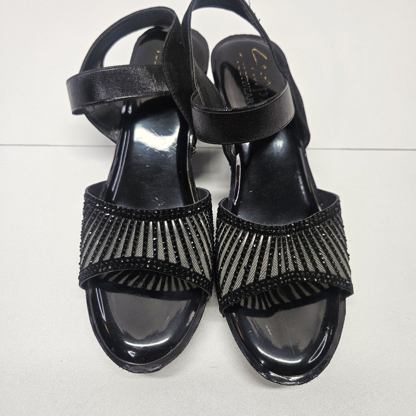 Shilip Footwear Low Platform Wedge Studded Sandals Black Rhinestones Sz 8.5M