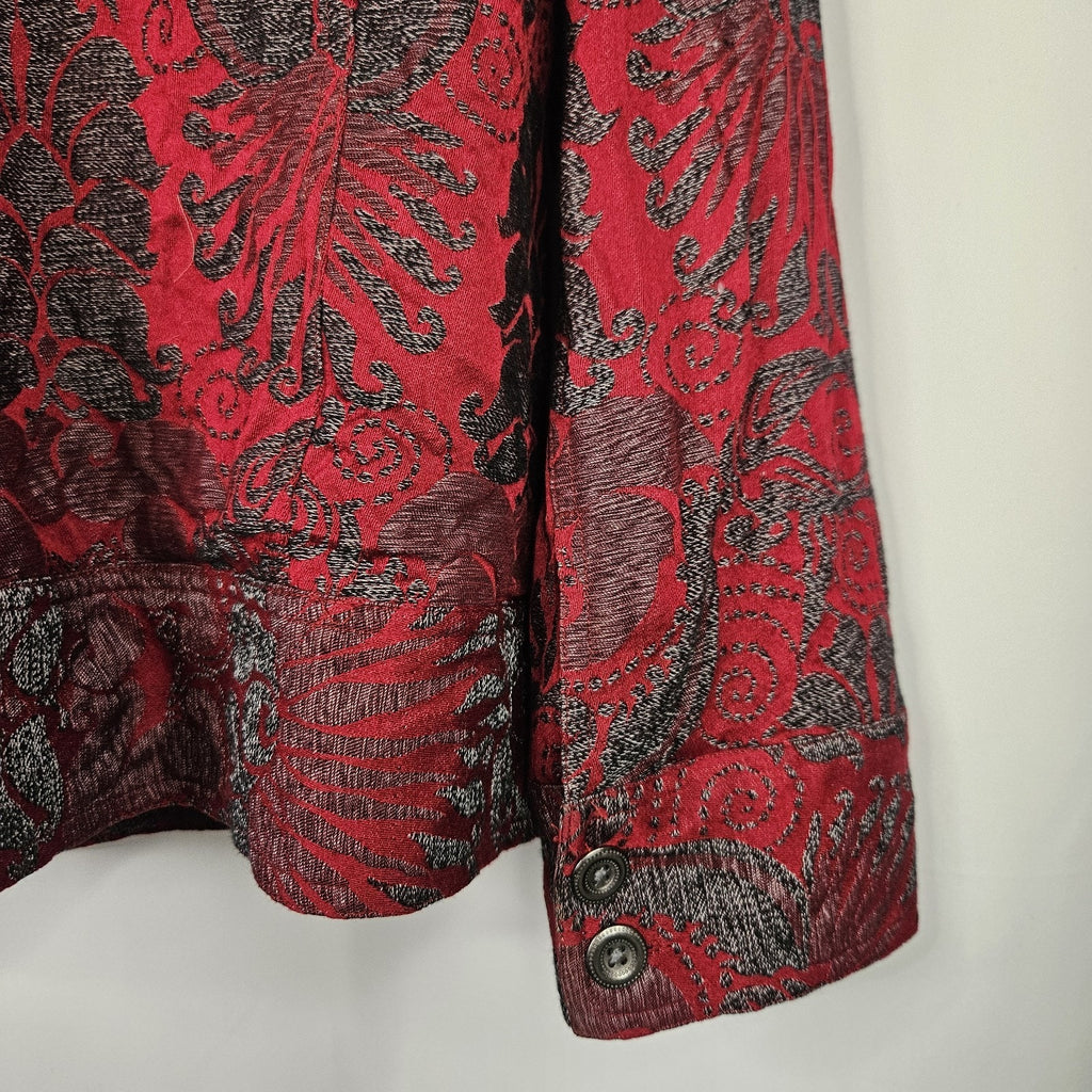 Chicos Size 2 Jacket Womens Red Gray Snap Front Lined Pockets Cotton Lyocell L