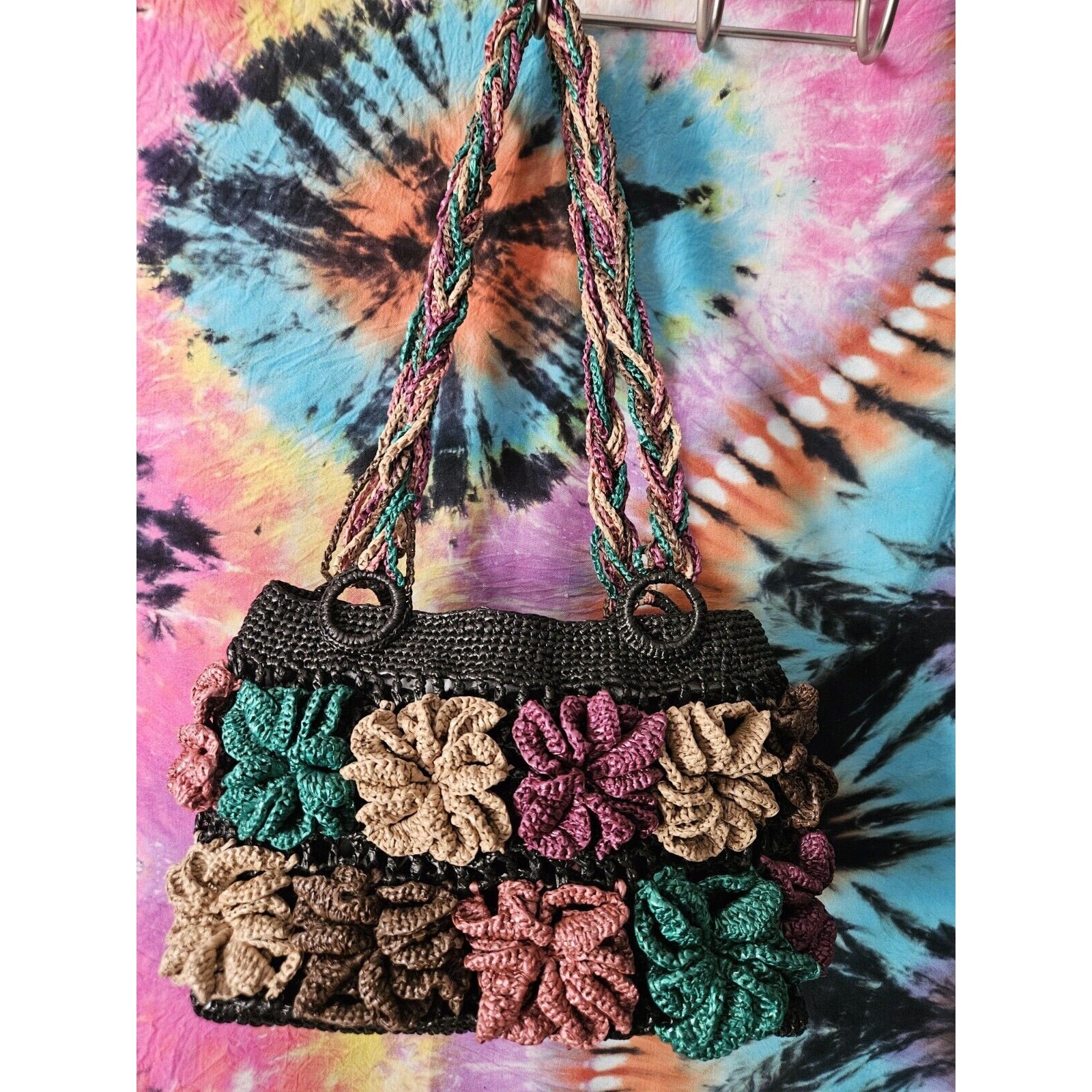 Unique Acrylic Floral Raffia Handbag Black With Colorful Flower Accents