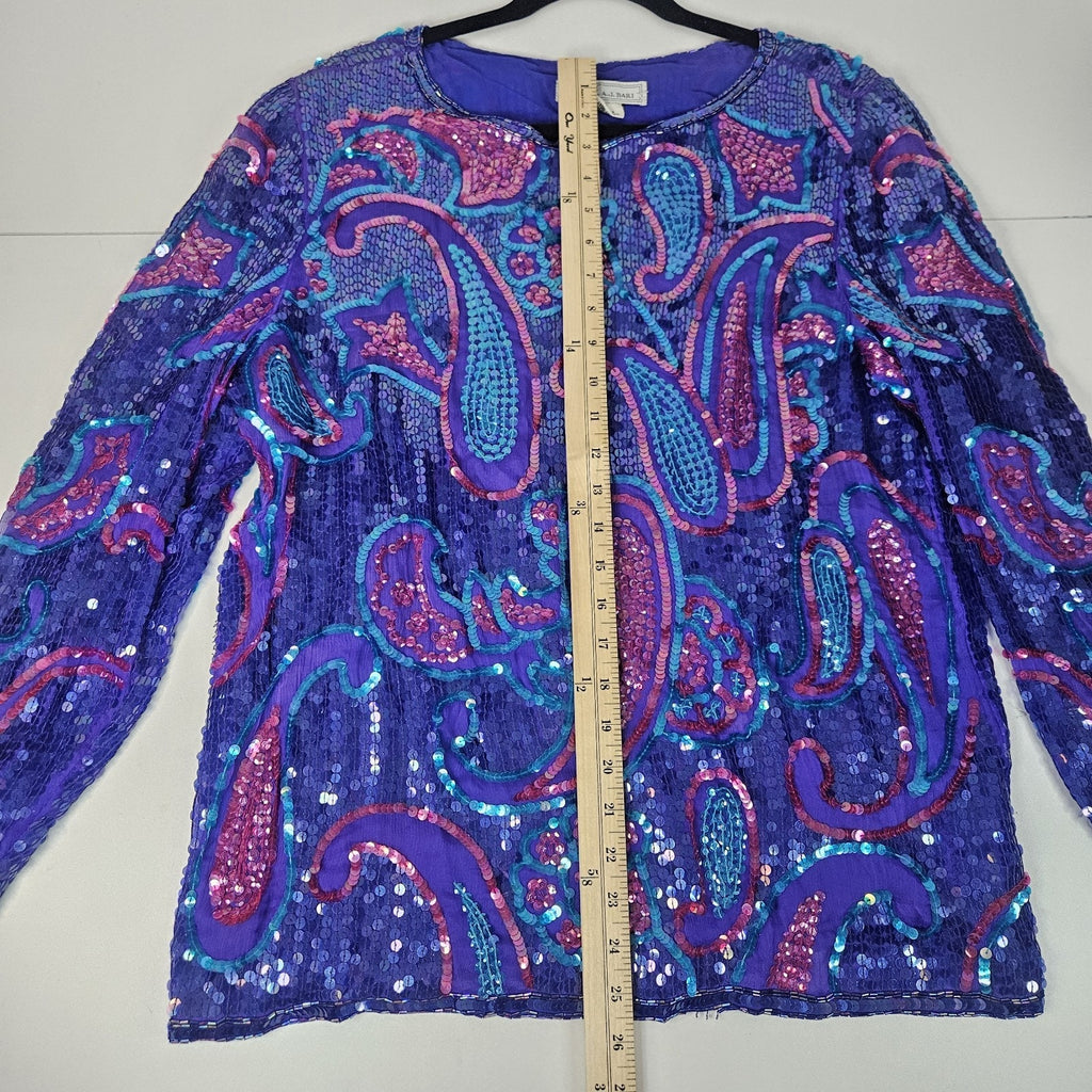 Sequin Beaded Silk Top 90s Blue Long-Sleeve Blouse Gatsby Glam Party Large