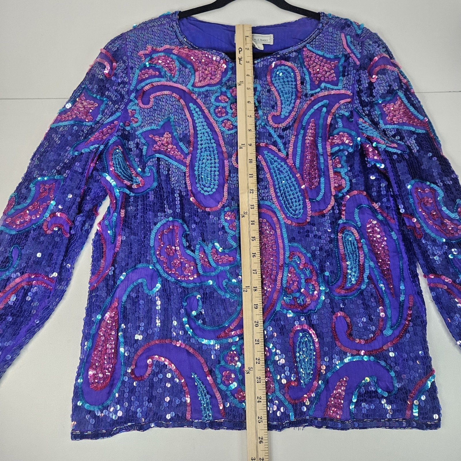 Sequin Beaded Silk Top 90s Blue Long-Sleeve Blouse Gatsby Glam Party Large