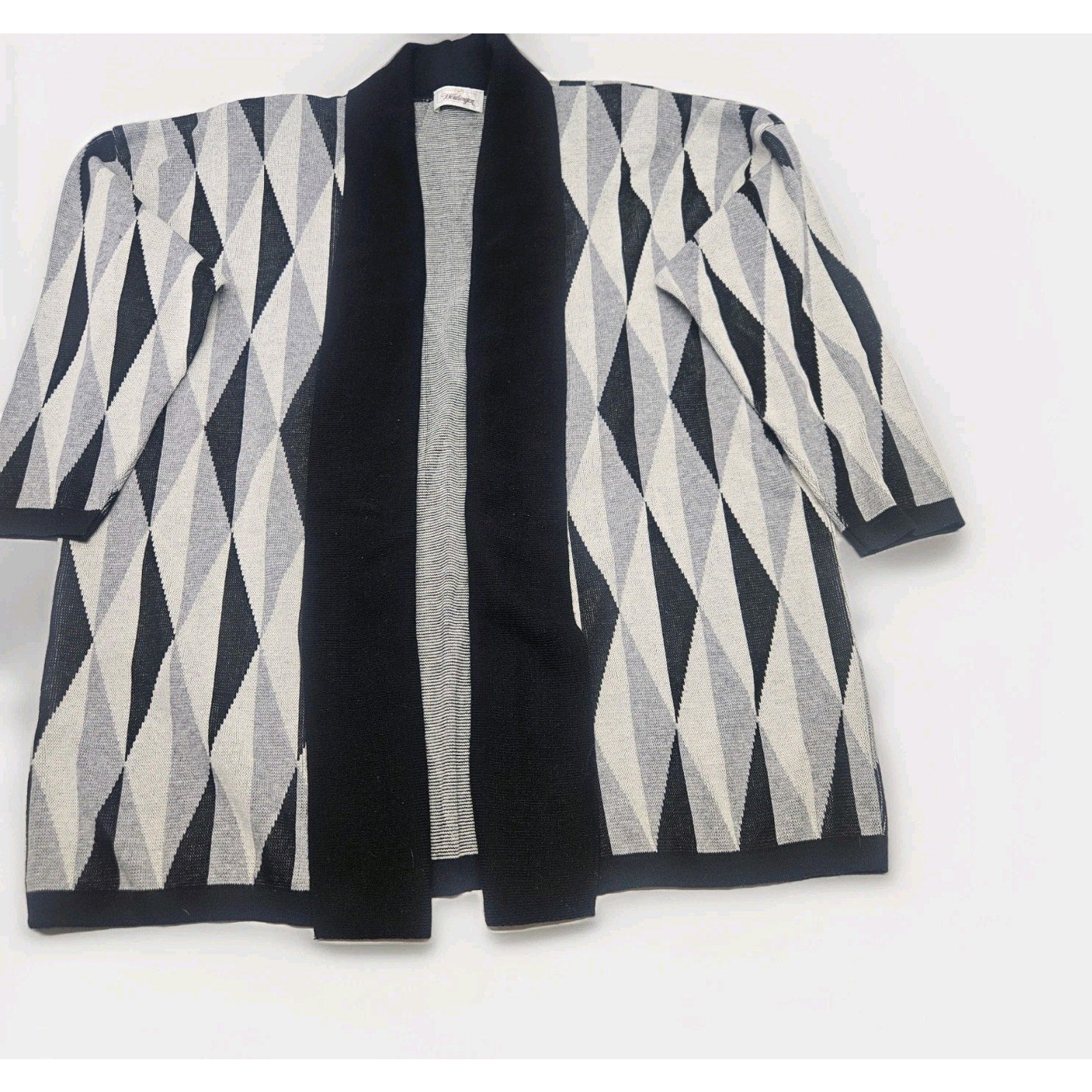 Vintage 80s Worthington Geometric Long Knit Sweater Cardigan XL Boho Gray USA