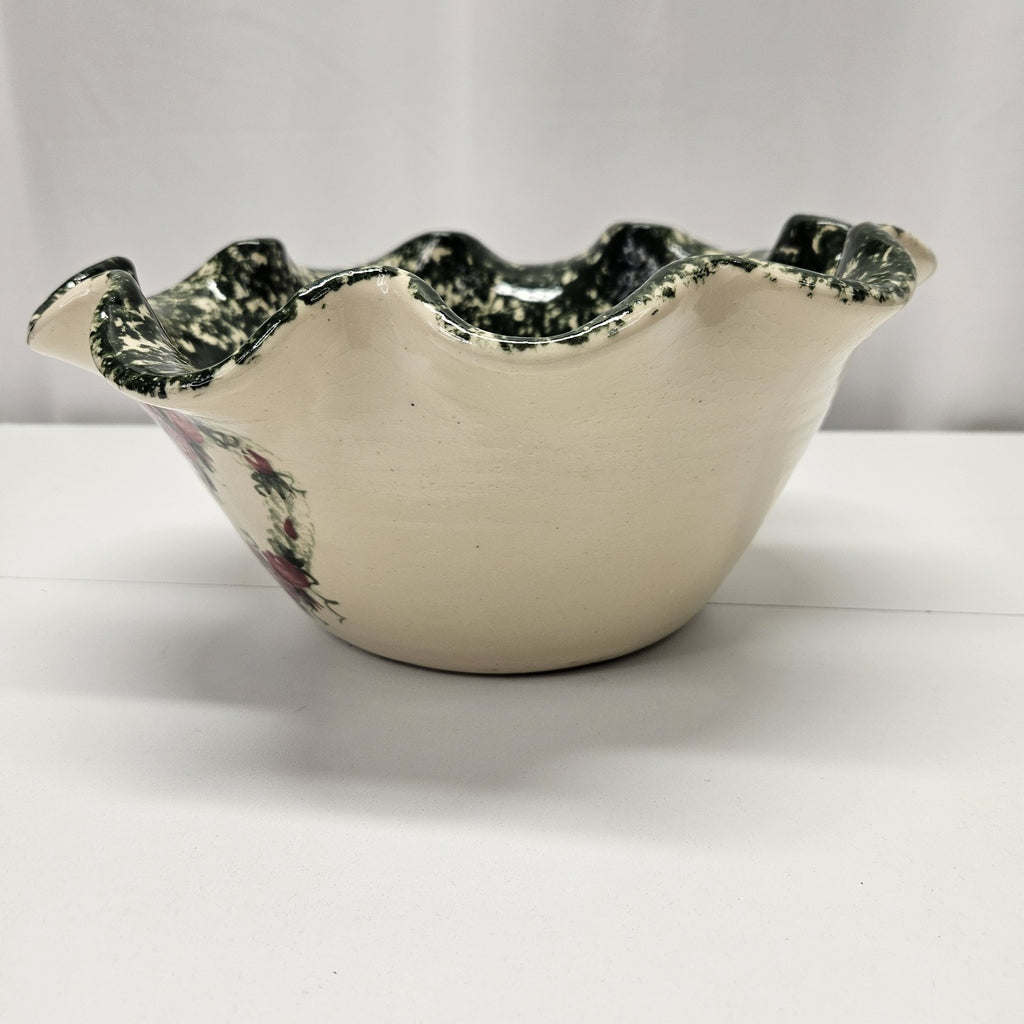 Vtg East Texas Pottery Heart Floral Green Sponge Stoneware Cottage Serving Bowl