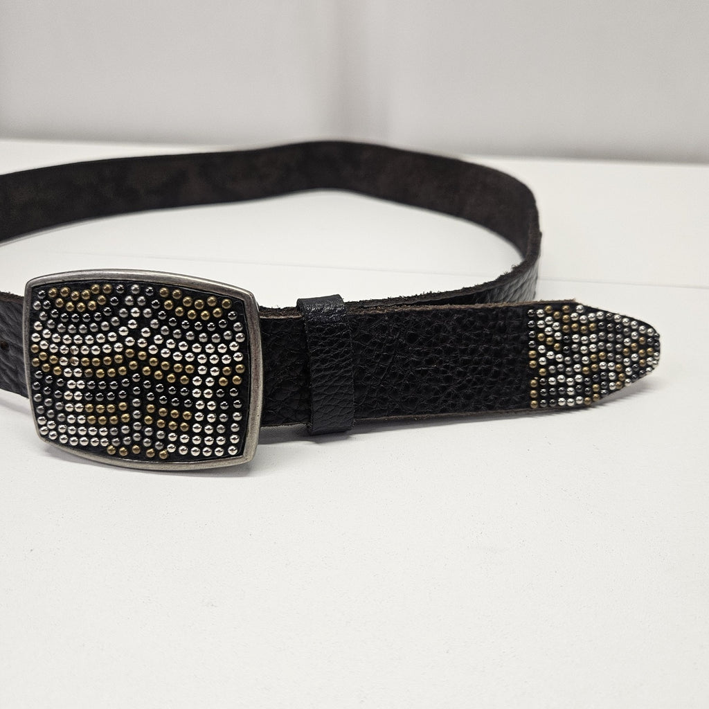 Vtg Joe's Jeans Black Leather Belt w/ Embellishment Buckle Large Western Cowboy