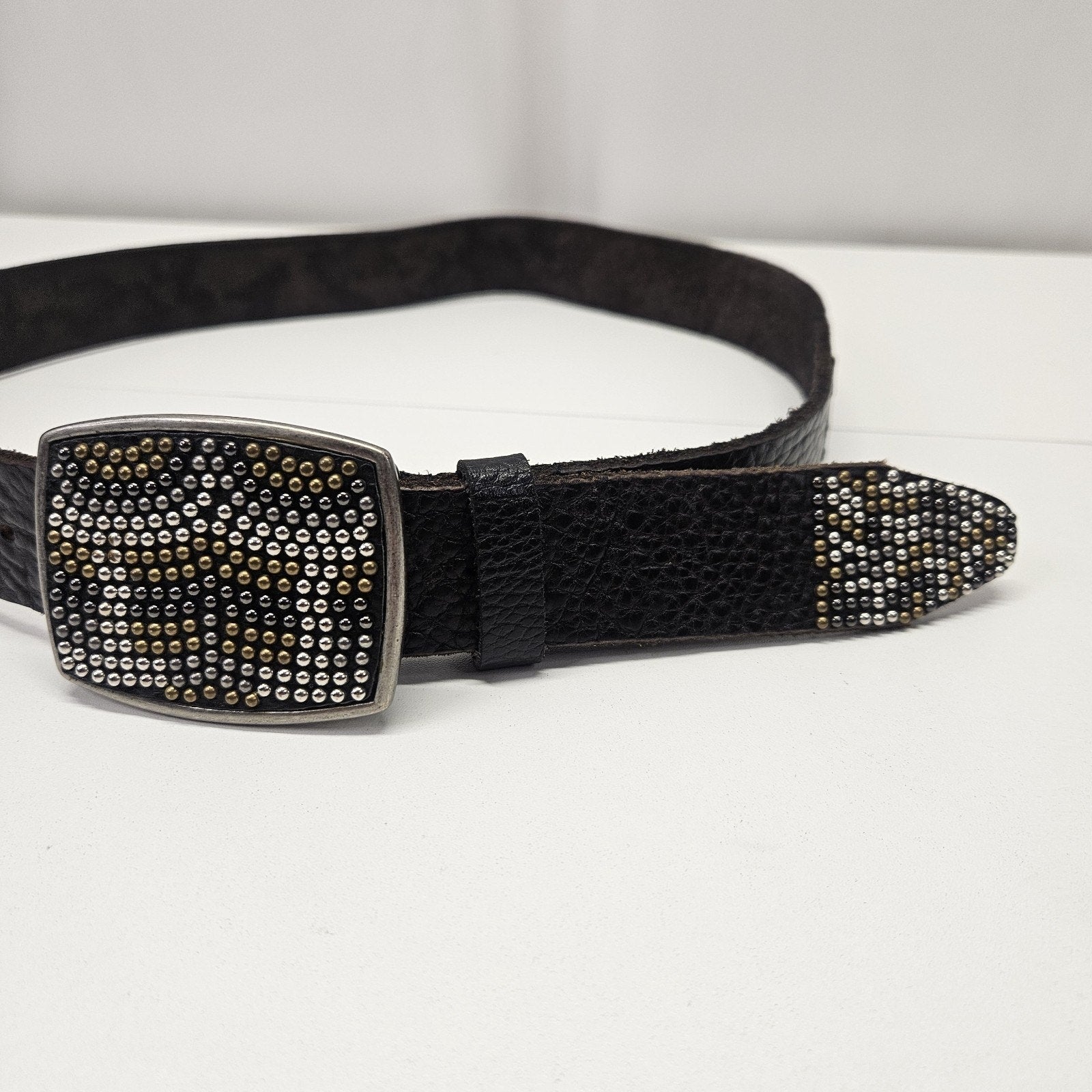 Vtg Joe's Jeans Black Leather Belt w/ Embellishment Buckle Large Western Cowboy