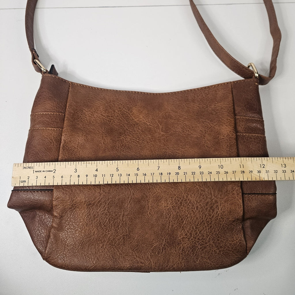 Brown Faux-Leather Crossbody Handbag Two Front Zip Pockets Shoulder Bag Purse