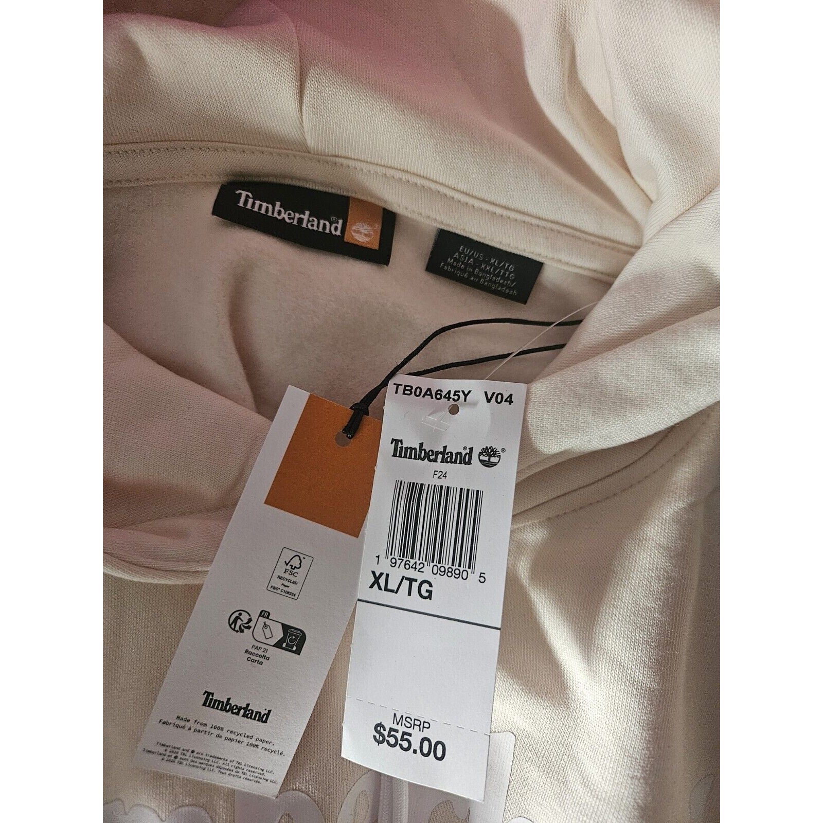 Timberland Cropped Hoodie Women's XL Oversized Fit Cream W White