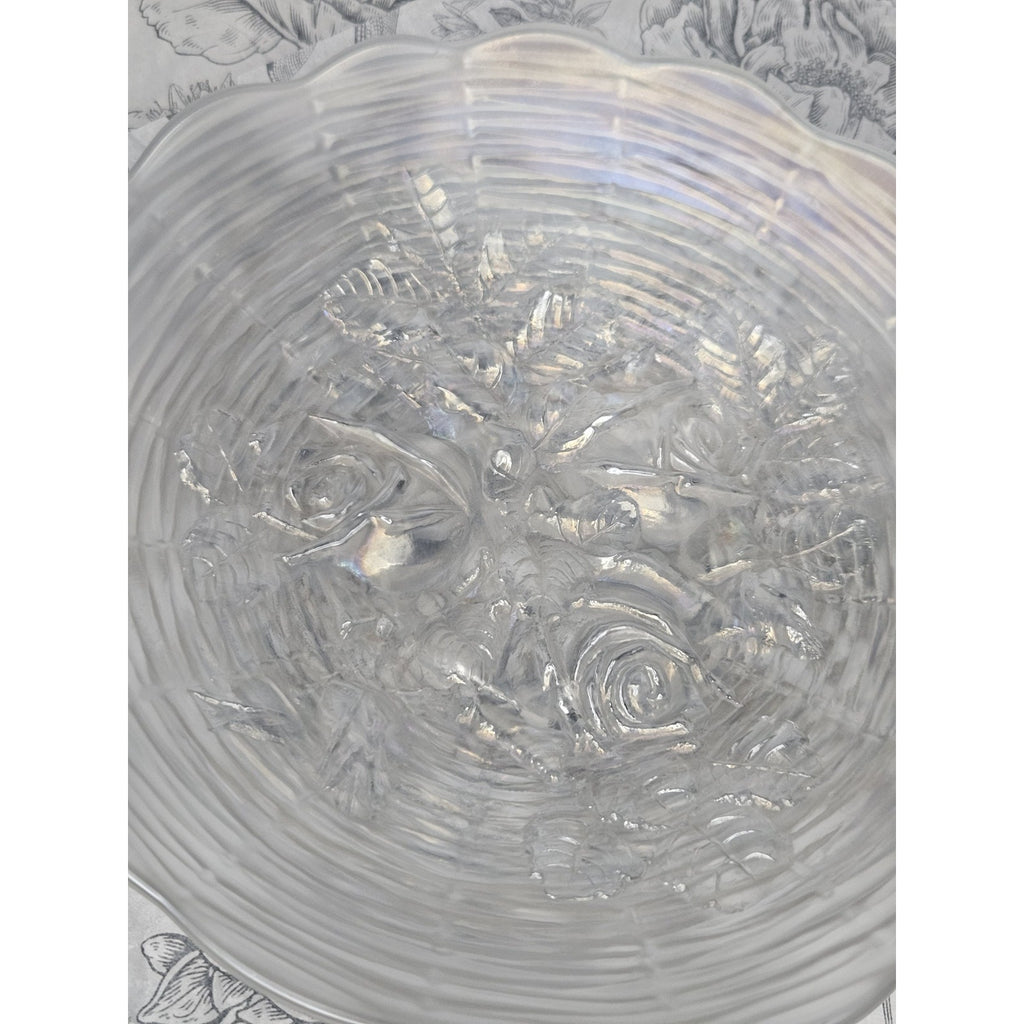 Antique Northwood White Carnival Glass Rose Show Deep Plate Iridescent Frosted