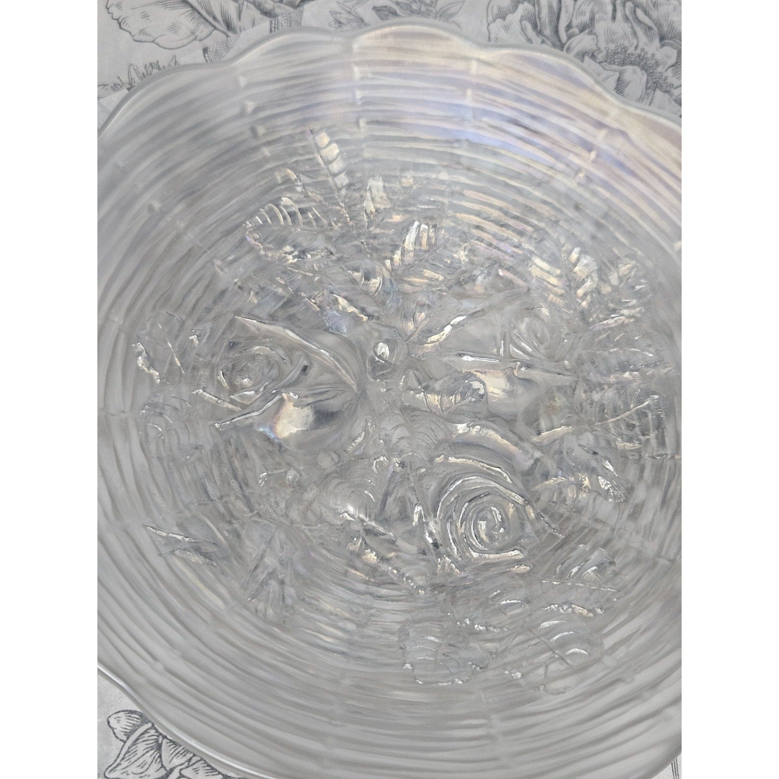 Antique Northwood White Carnival Glass Rose Show Deep Plate Iridescent Frosted