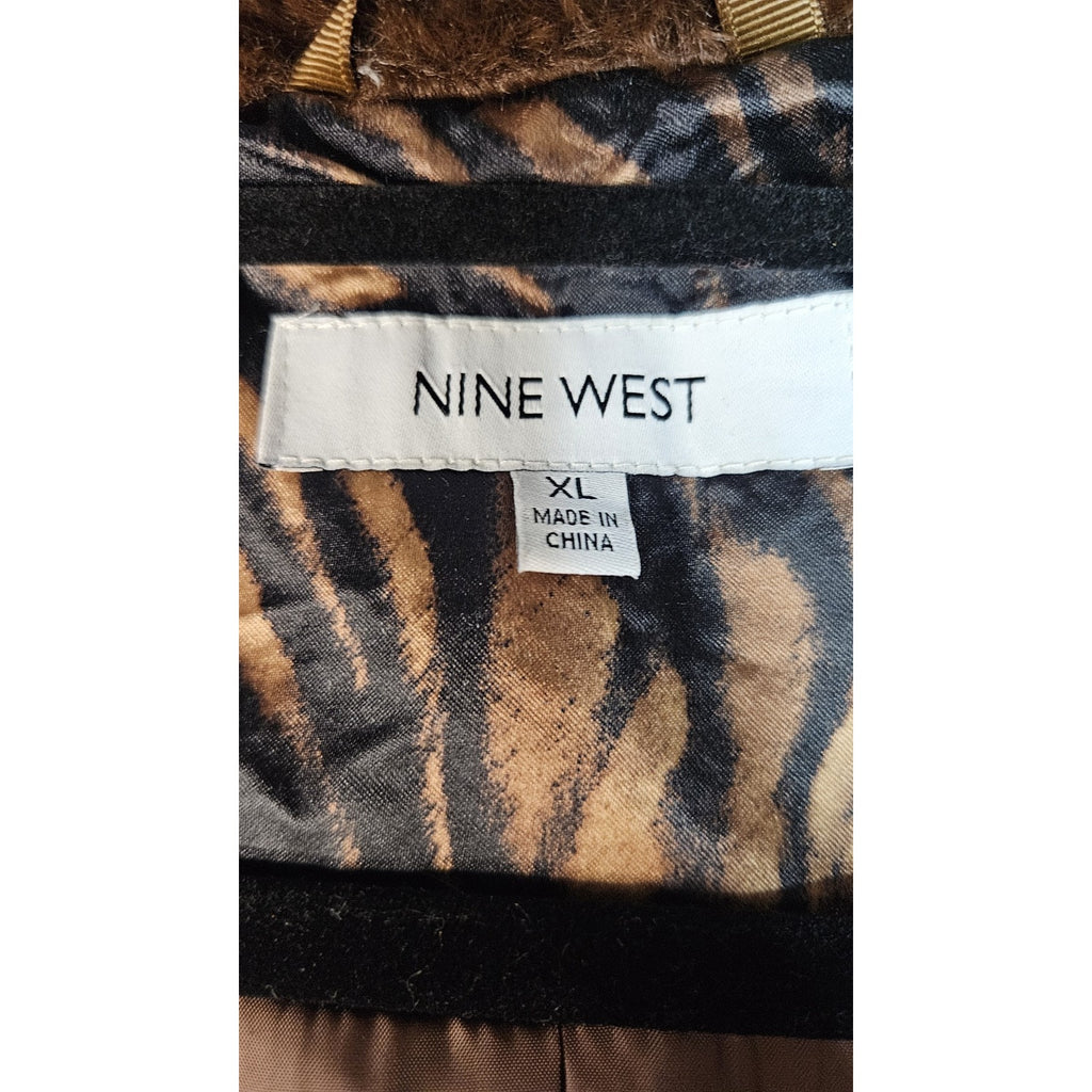 Nine West Hooded Faux Fur Trim Wool Blend Peacoat Size XL Brown Long Jacket