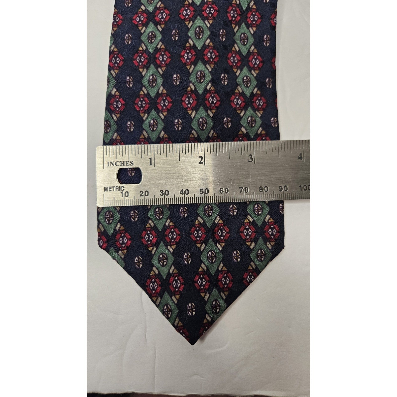 Vintage Paolo Bianco Silk Tie Red Blue Green Diamond Design 100% Silk USA Made