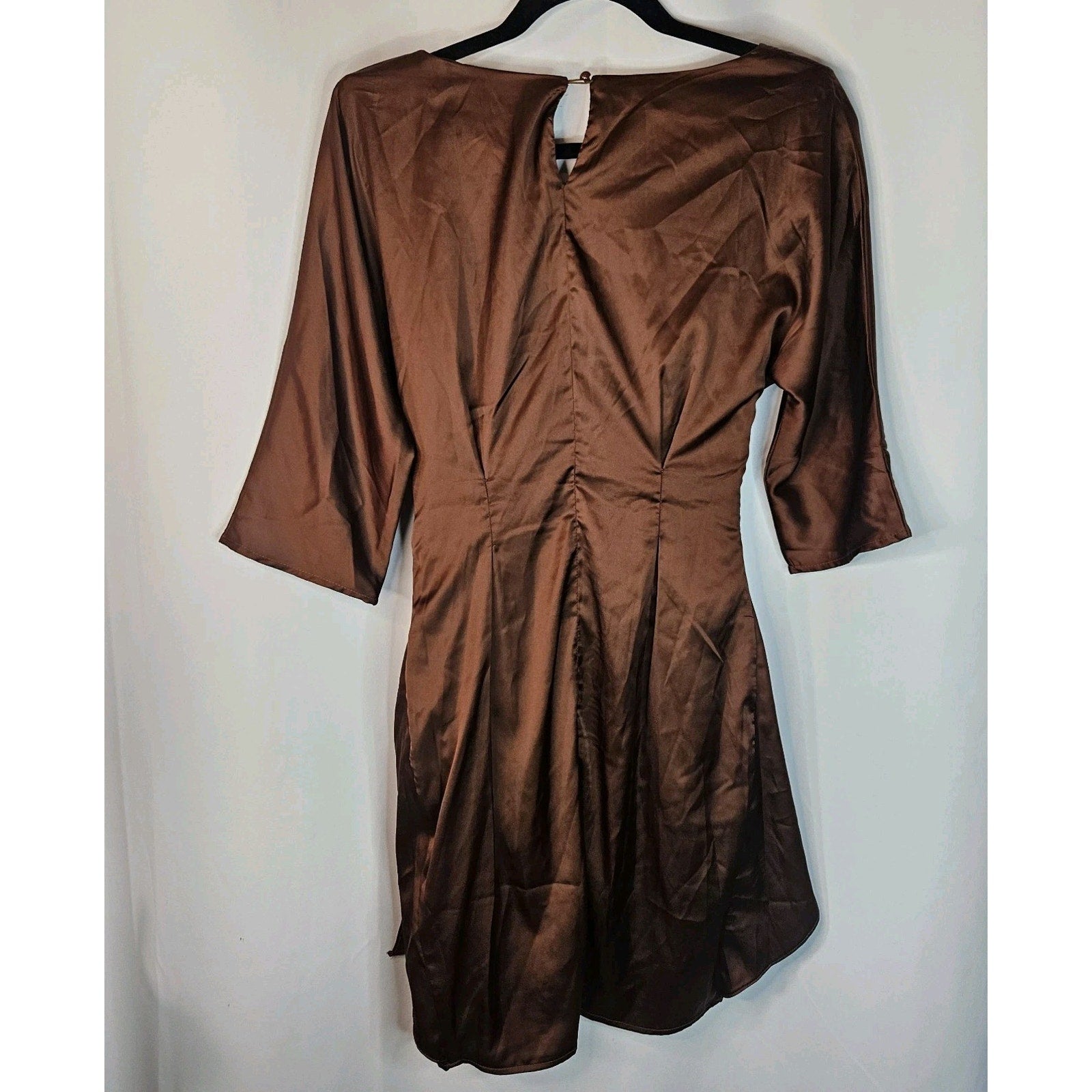 Baltic Born Satin Brown Tie Front Mini Dress Small 3/4 Sleeved Wrap Dress NWT