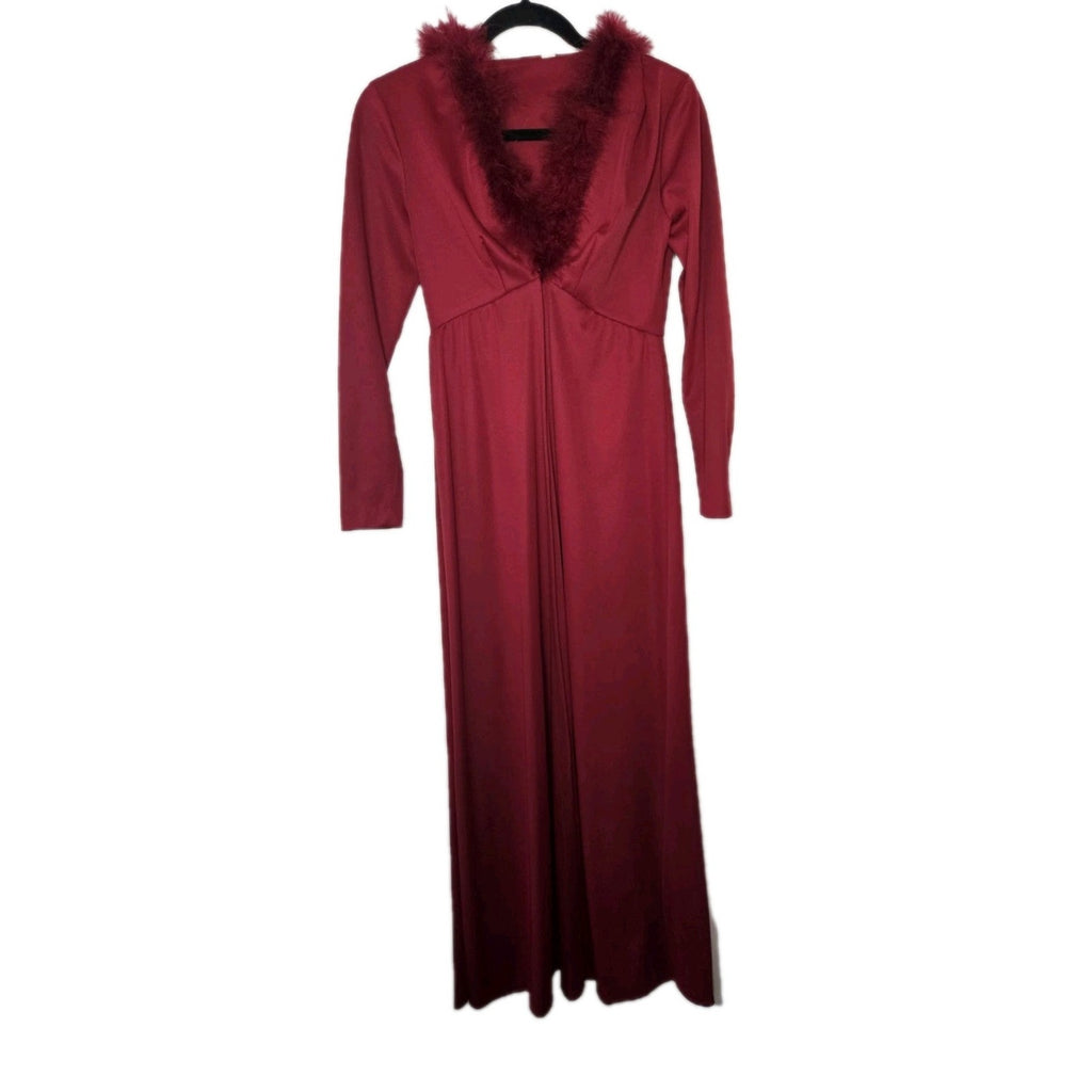 Vintage 70s Maroon Marabou Trim Hooded Robe Maxi Disco Robe Women's Size 5 S/M