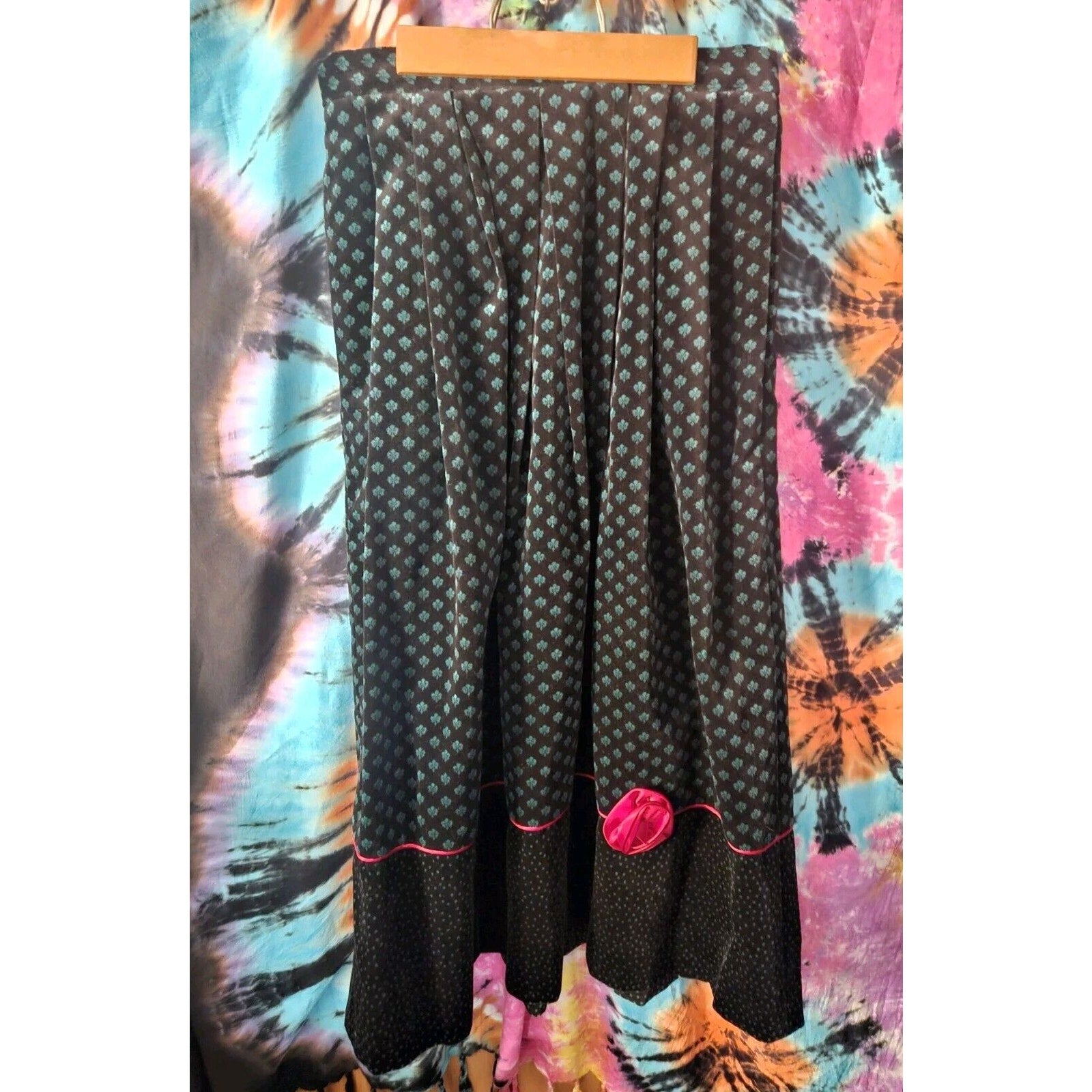 VTG Susan Bristol Velvet Long Skirt 10 Black Green Print Floral Cottagecore Goth