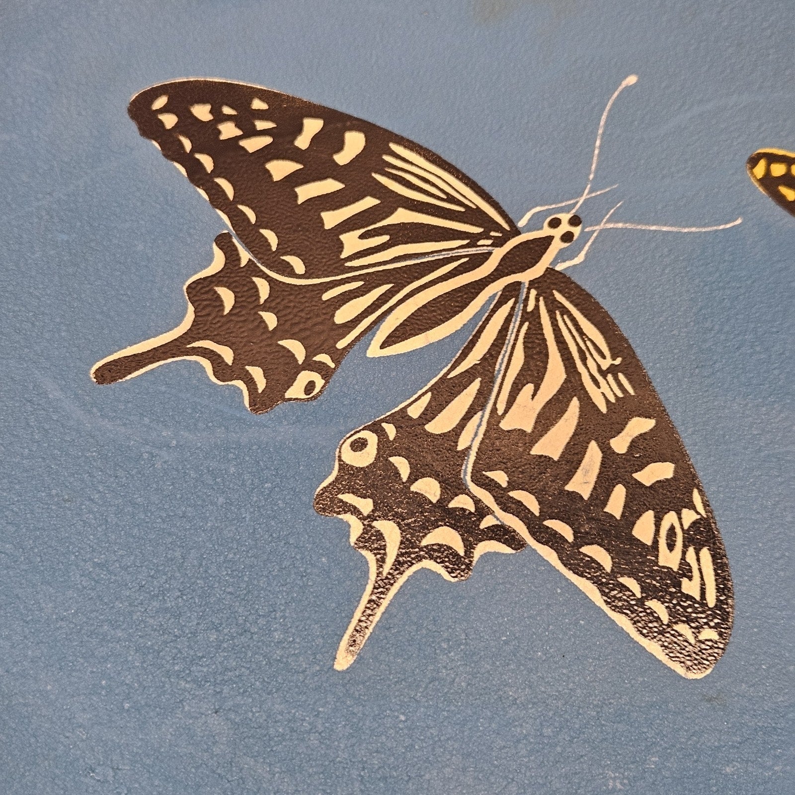 Vintage Handpainted Oval Butterfly Tray With Handles 18"x12" Blue Retro Boho