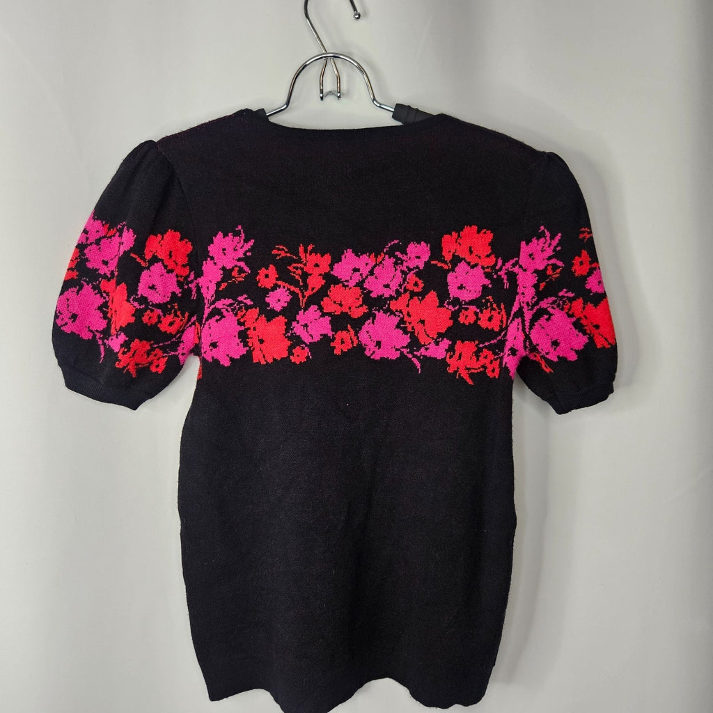 Tahari Women’s Knit Short Puff Sleeve Sweater Pink Floral Black Size XS