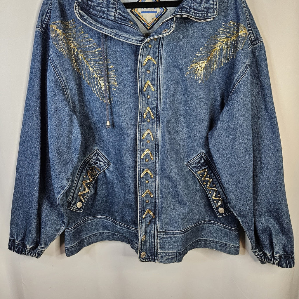 VTG 90s Coat Jacket Large Denim Oversized Puff Paint Embellished Southwestern