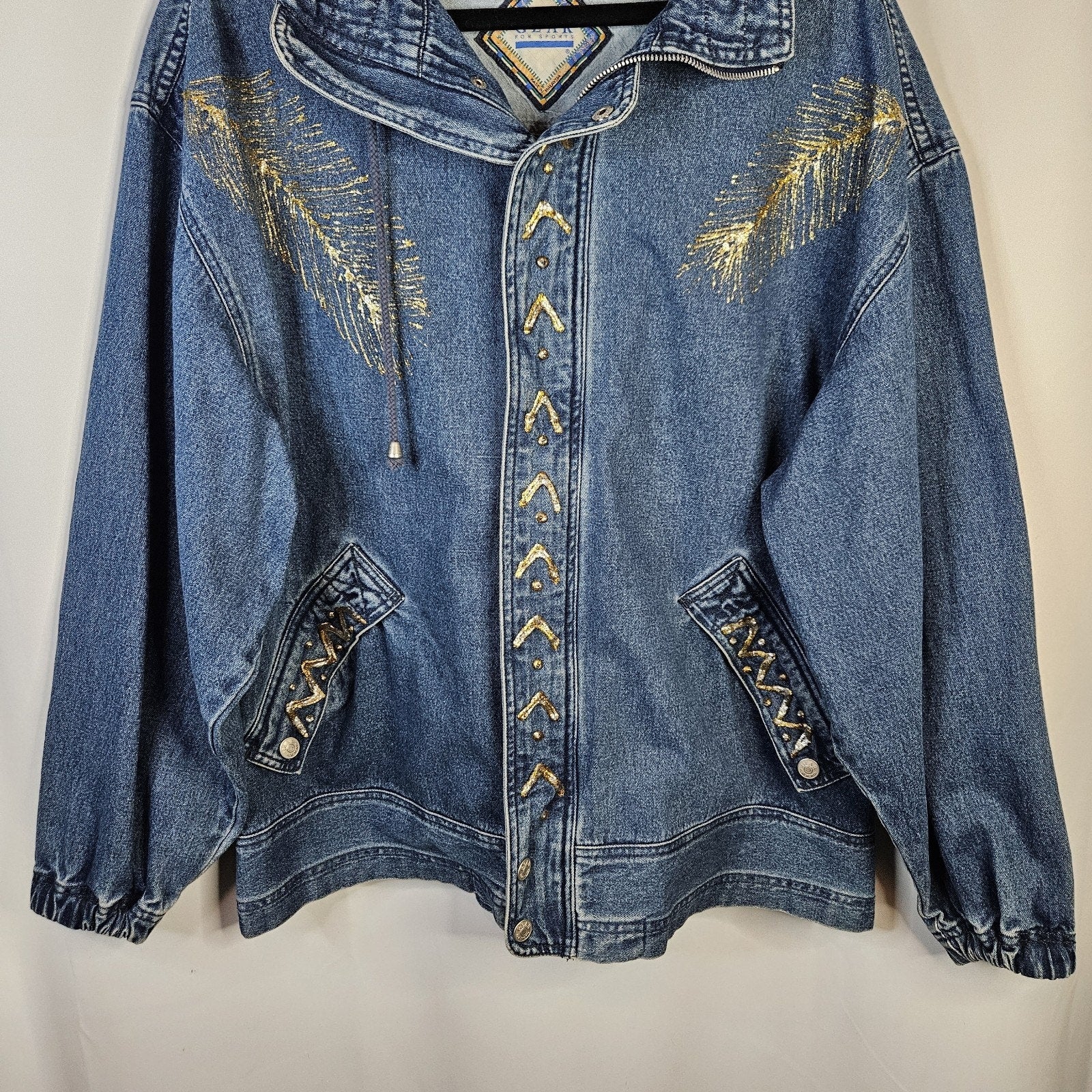VTG 90s Coat Jacket Large Denim Oversized Puff Paint Embellished Southwestern
