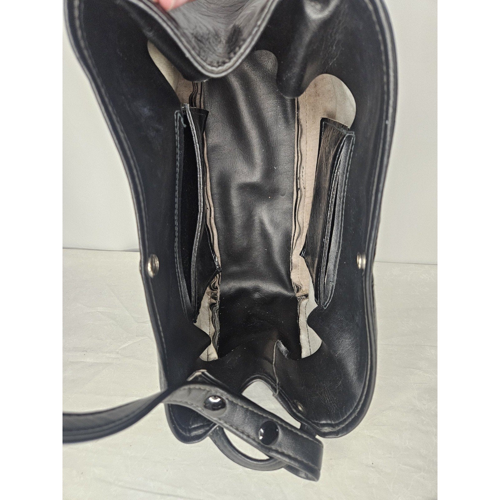 Vintage 70s Handmade Black Leather Tote Handbag Purse Shoulder Bag