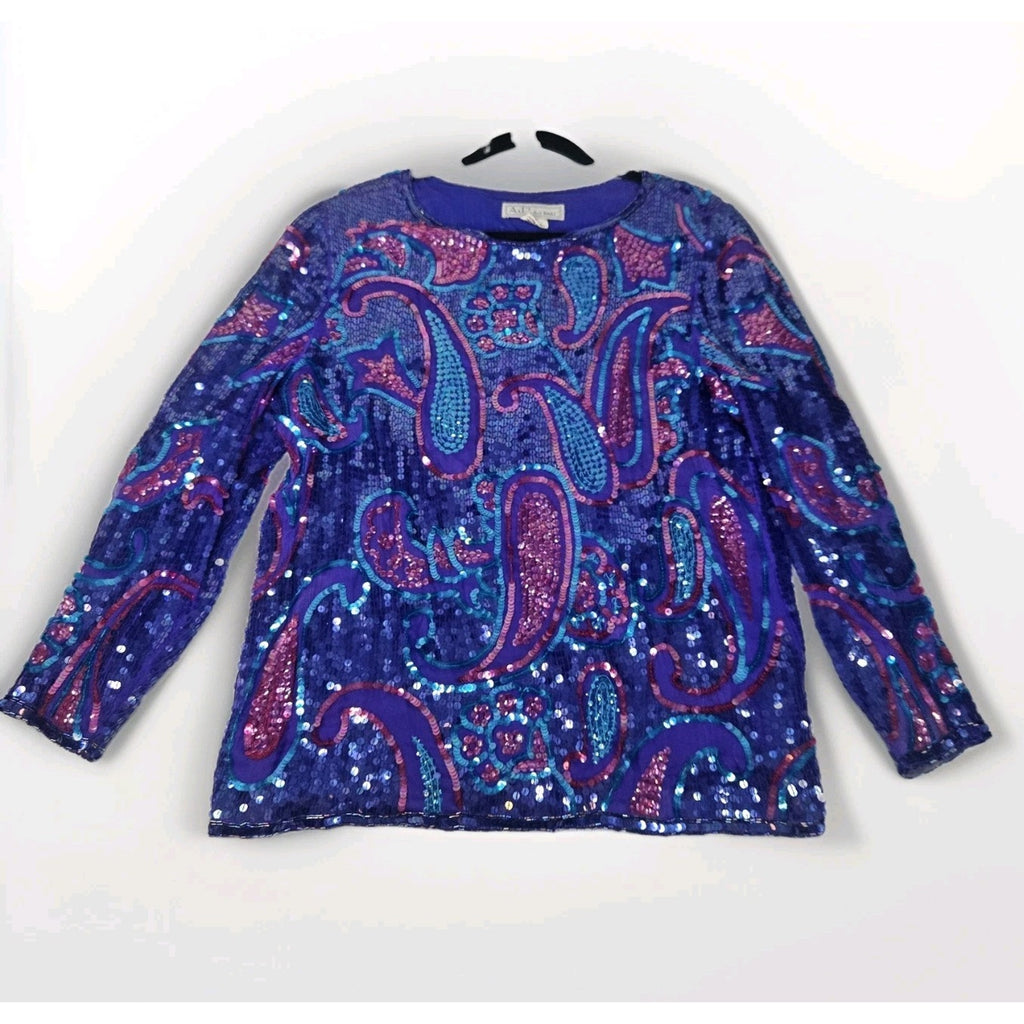 Sequin Beaded Silk Top 90s Blue Long-Sleeve Blouse Gatsby Glam Party Large