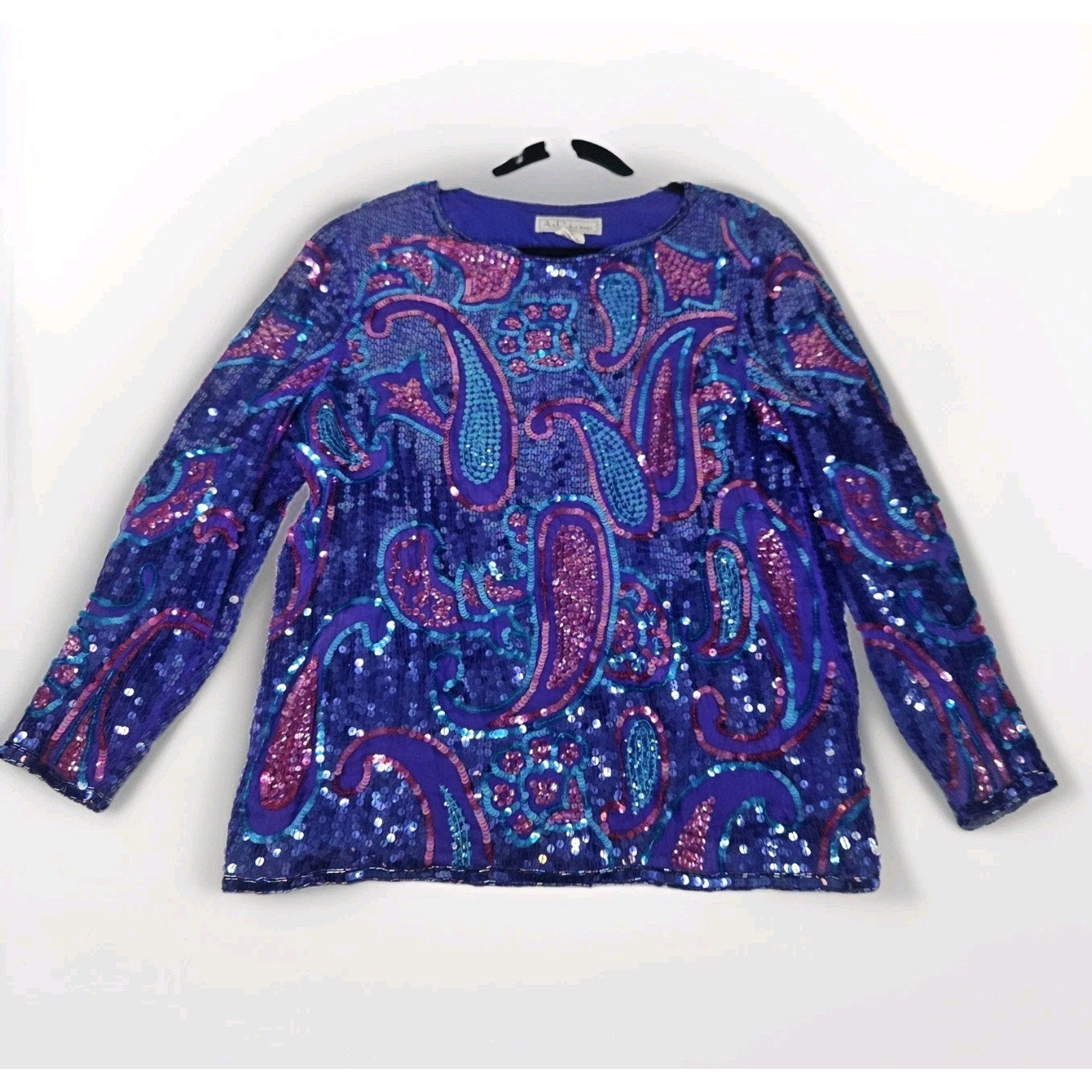 Sequin Beaded Silk Top 90s Blue Long-Sleeve Blouse Gatsby Glam Party Large