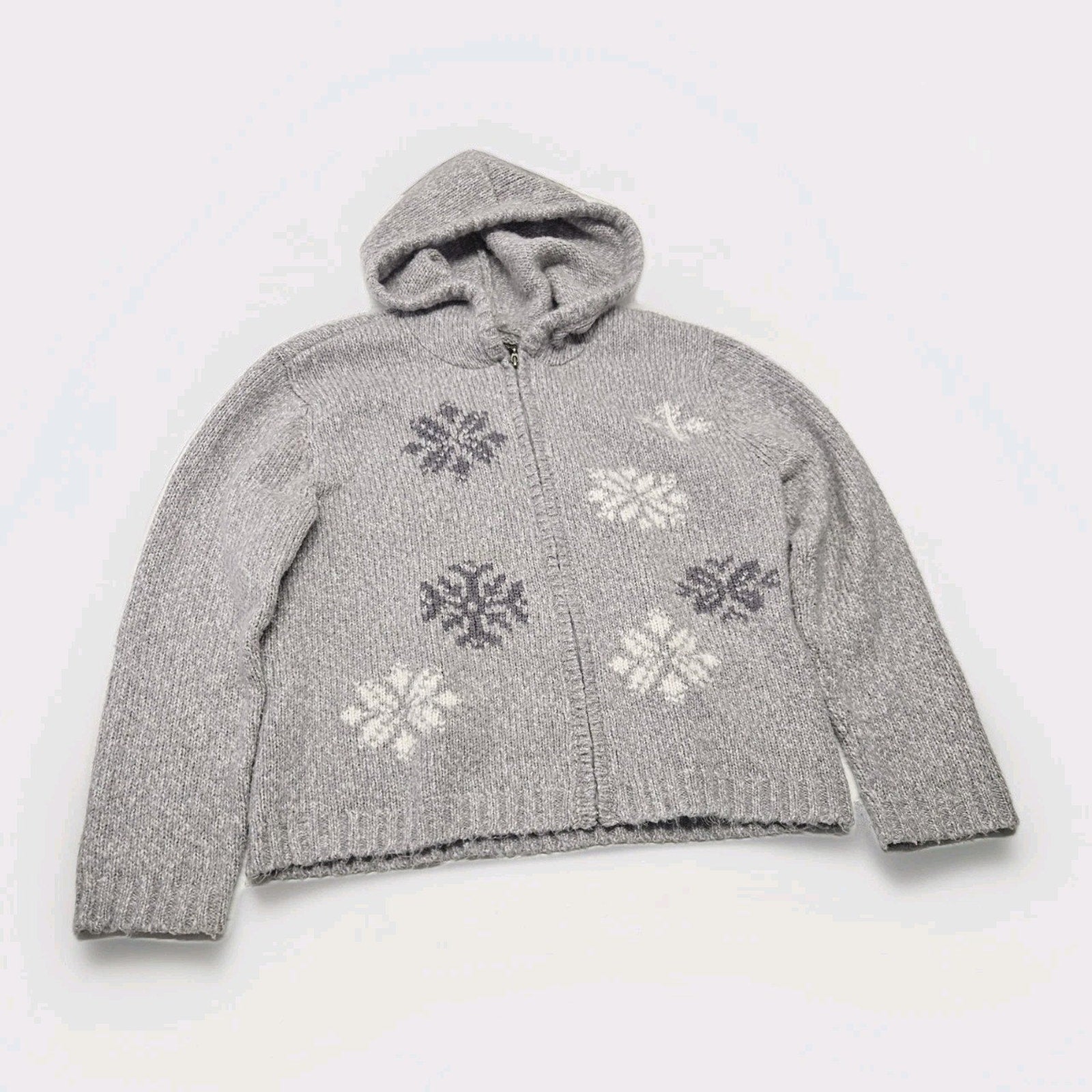 Vintage Womens Full Zip Gray Cardigan Snowflake Sweater Large Nordic Ski