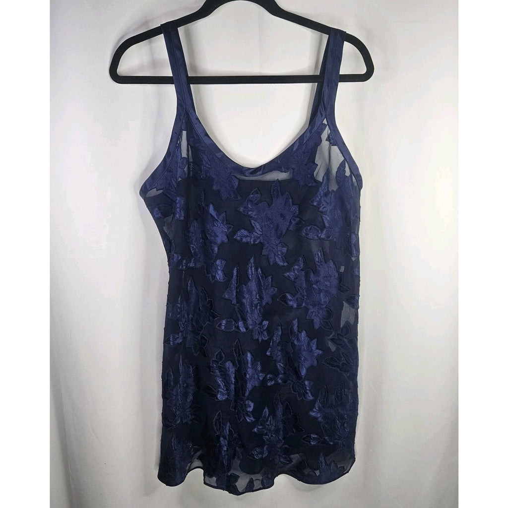 Vtg 90s Angelique Semi Sheer Slip Dress Blue Large Nightgown Lingerie Floral