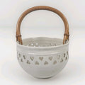 Vtg Heart Pottery Basket Wood Handle Wrapped 5" Ceramic Bowl Trinket Decorative
